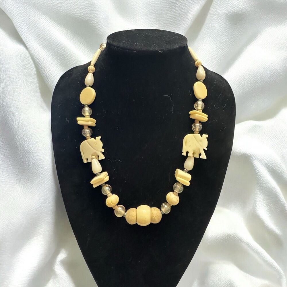 Vintage 22" Carved Cattle Bovine Bone Bead Necklace Elephant shaped